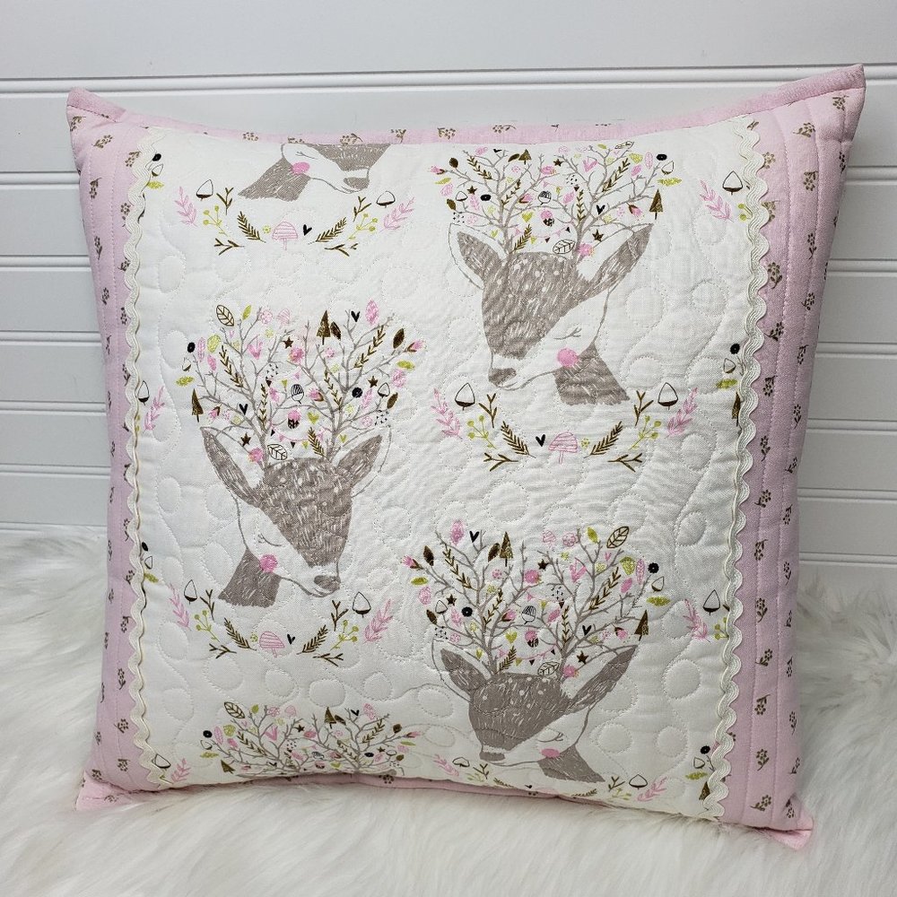 Woodland Creatures Baby Deer Nursery Quilted Pillow Pink Gold Brown 16" Square